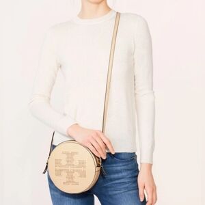 Tory Burch Beige Perforated Logo Crossbody Bag